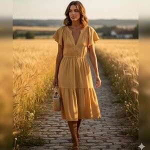 Calvin Klein Flutter Sleeve Tie Waist Yellow Midi Dress With Pockets